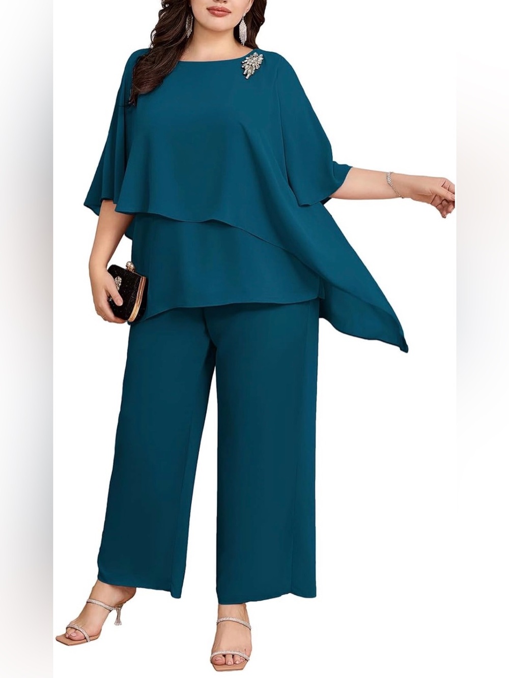 NWT Hanna Nikole Plus Size Teal Layered Wide-Leg 2 Pc Pant Set Chiffon Formal